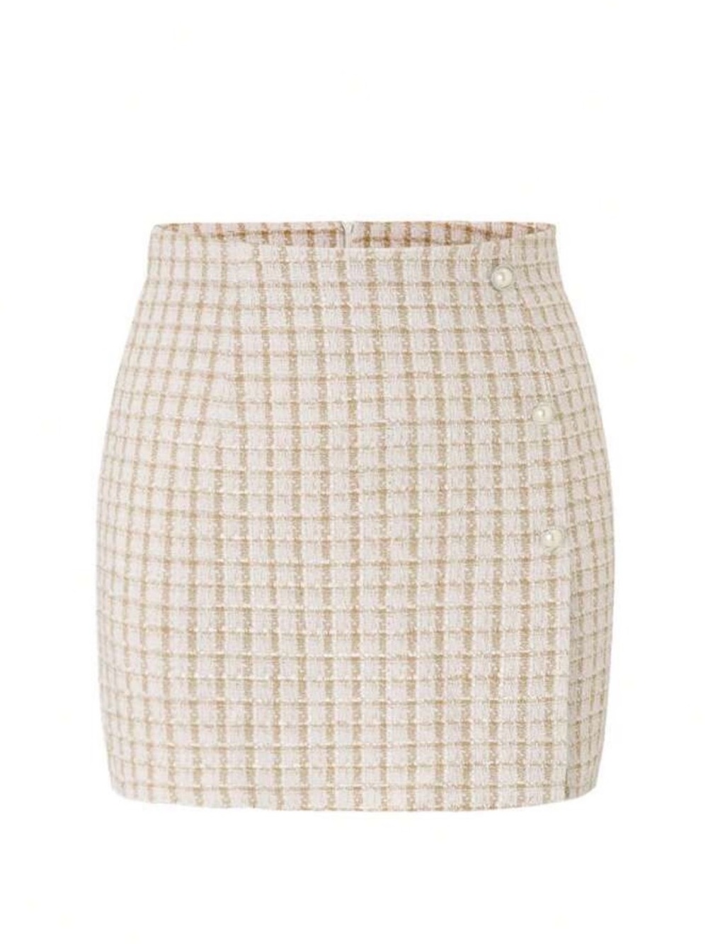SHEIN Cream Plaid Tweed Mini Skirt with Pearl Side Buttons